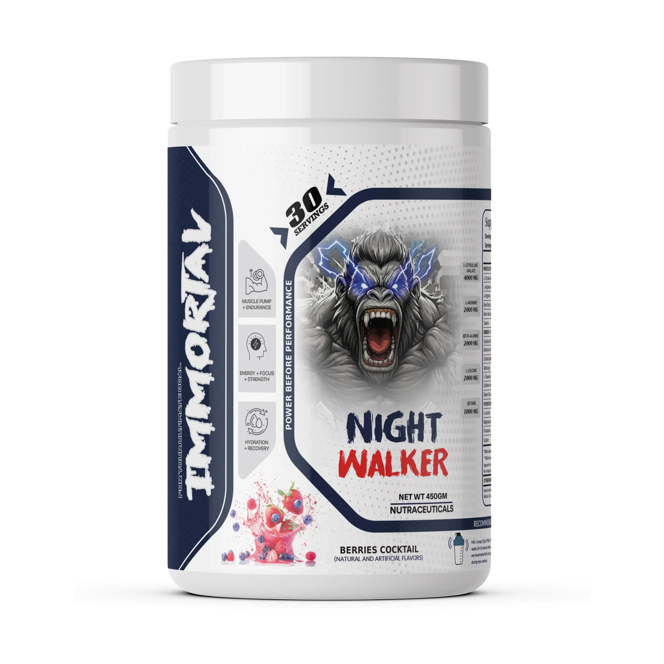 Immortal Night Walker pre-workout supplement, Berries Cocktail flavor, 450g, 30 servings