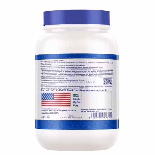 Back label of Ronnie Coleman Signature Series supplement with usage instructions, warnings, and contact information