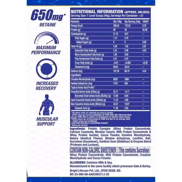 Nutritional information and ingredients for a supplement with 650mg Betaine and 30g protein. Contains milk and soy