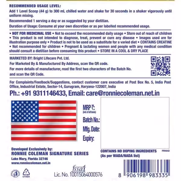 Supplement label with usage instructions, health warnings, contact information, and FSSAI license number 10015064000576