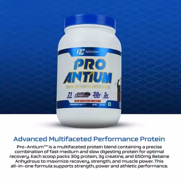 Ronnie Coleman Pro-Antium double chocolate protein powder with 30g protein, 3g creatine, and 650mg Betaine Anhydrous