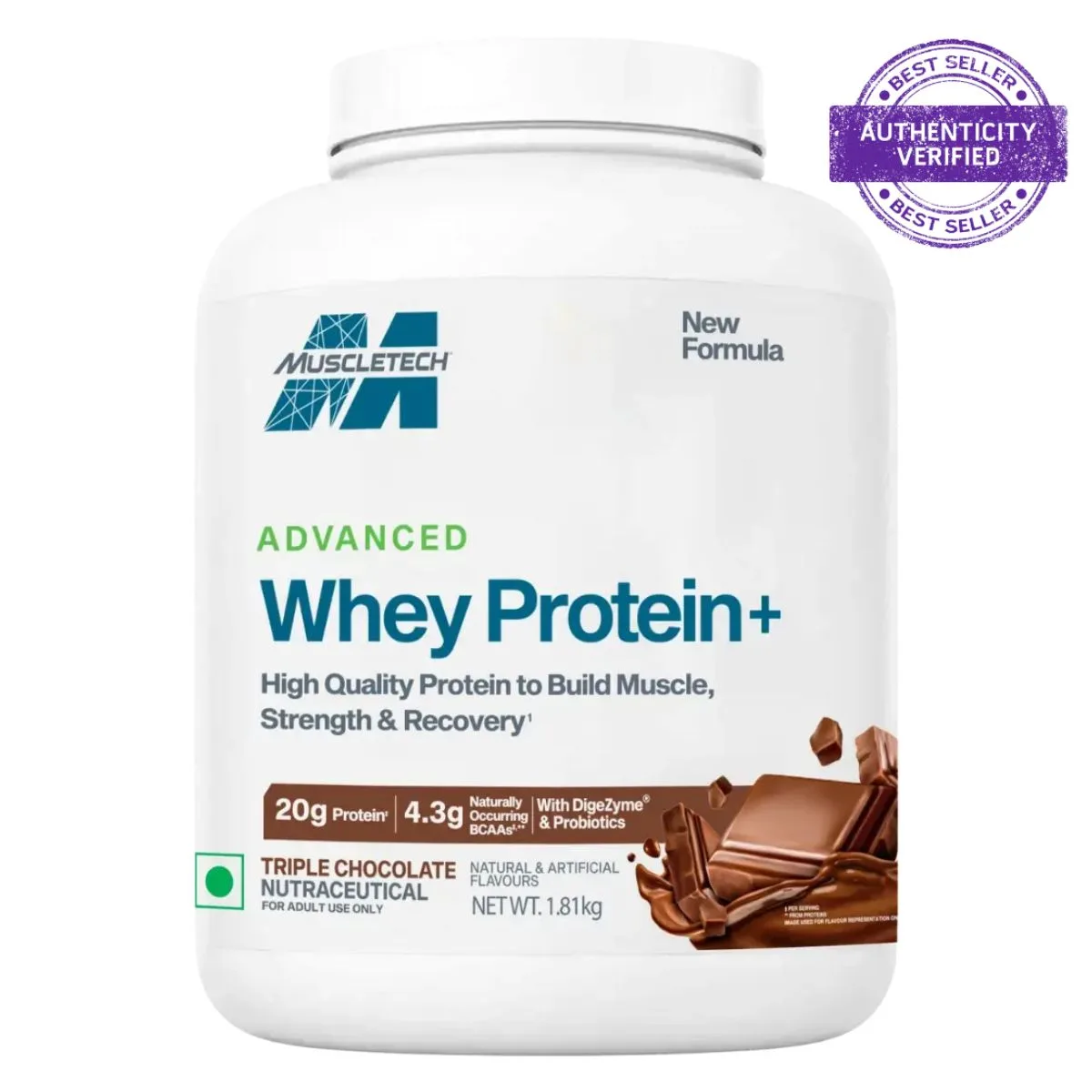 The image displays a white Muscletech Advanced Whey Protein Plus tub of triple chocolate flavor weighing 1.81 kilograms, highlighting its new formula with 20 grams of protein and 4 point 3 grams of naturally occurring BCAAs, alongside chocolate pieces and a purple best seller authenticity verified stamp.