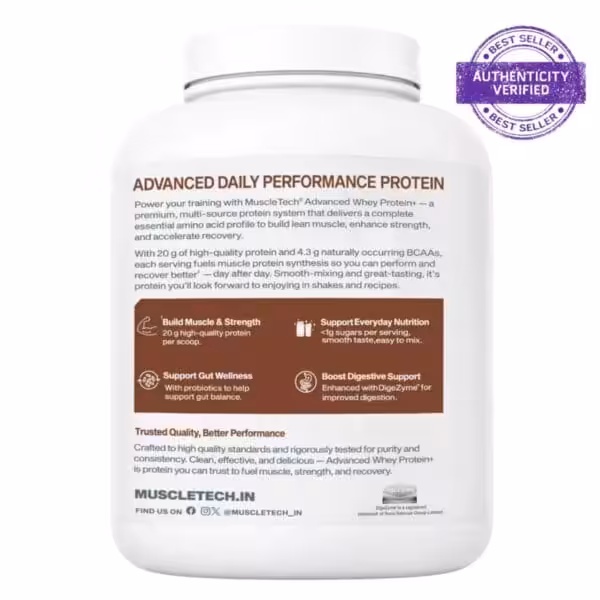 The image features a white protein powder container with a detailed product label and a Best Seller Authenticity Verified stamp visible at the top right.