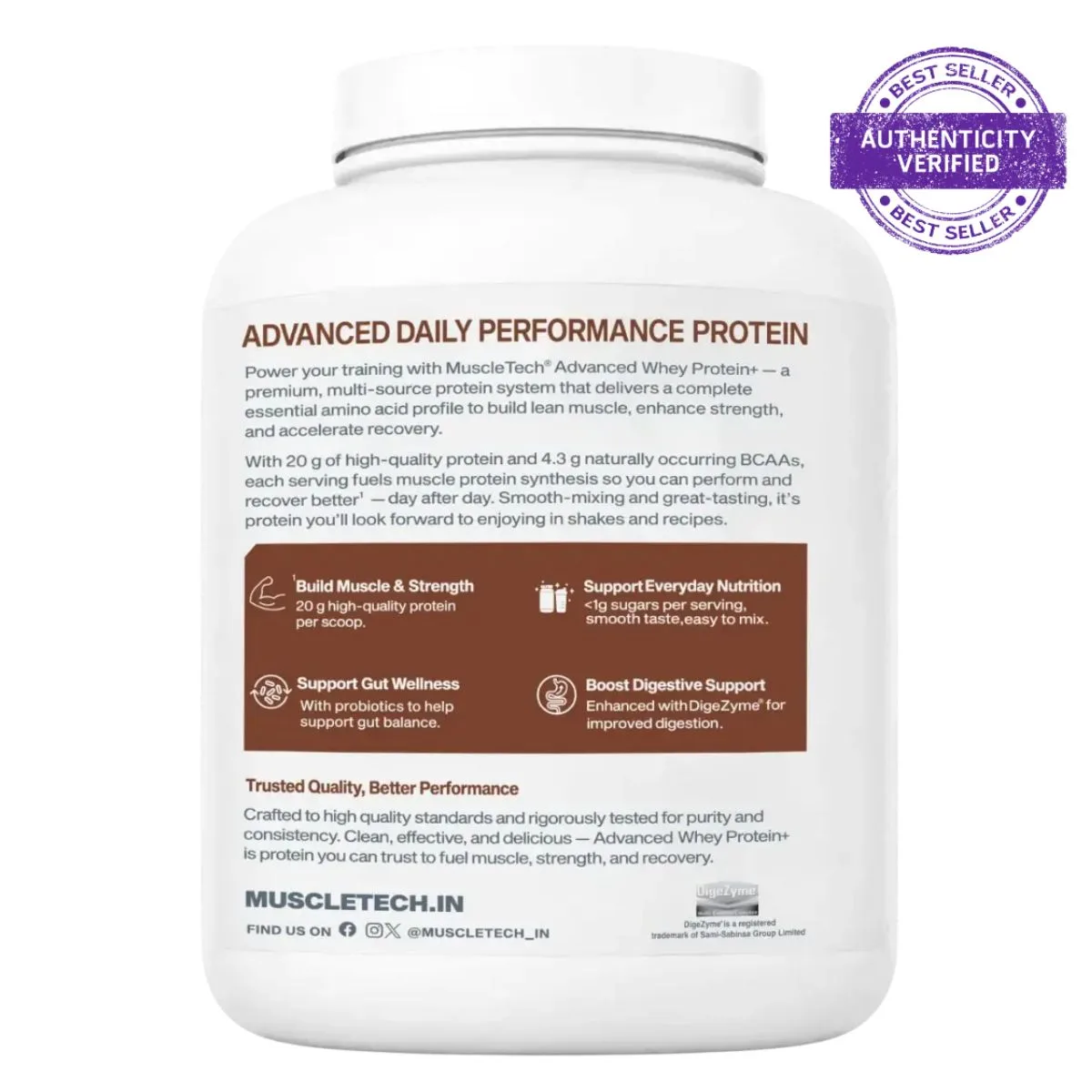 The image features a white protein powder container with a detailed product label and a Best Seller Authenticity Verified stamp visible at the top right.