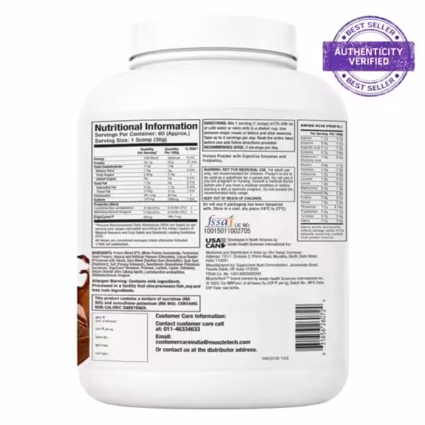 The image displays the back of a white protein powder container densely covered with various labels including nutritional information, ingredient lists, warnings, and customer service details, along with a Best Seller Authenticity Verified stamp.