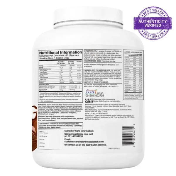 The image displays the back of a white protein powder container densely covered with various labels including nutritional information, ingredient lists, warnings, and customer service details, along with a Best Seller Authenticity Verified stamp.