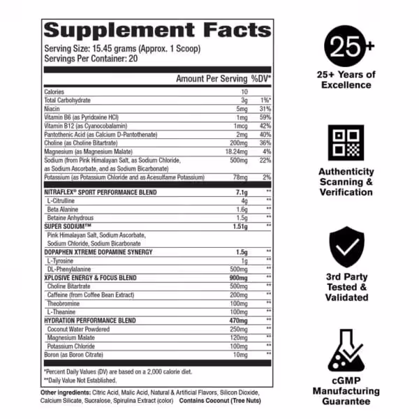 Supplement Facts label detailing nutritional data, proprietary performance blends, and quality assurance certifications