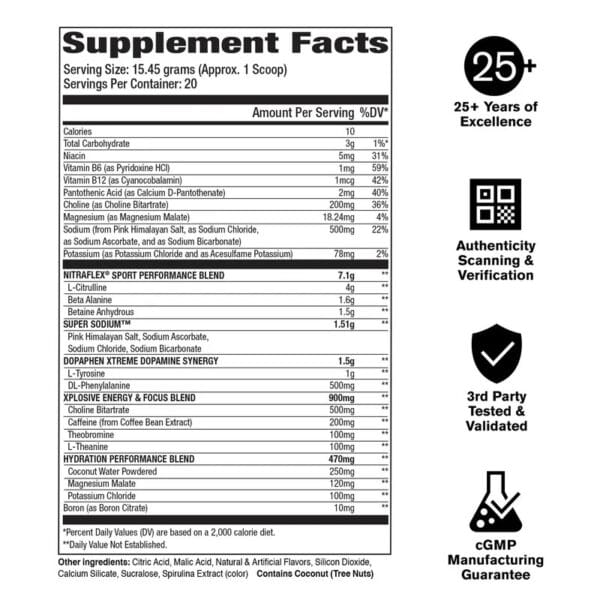 Supplement Facts label detailing nutritional data, proprietary performance blends, and quality assurance certifications