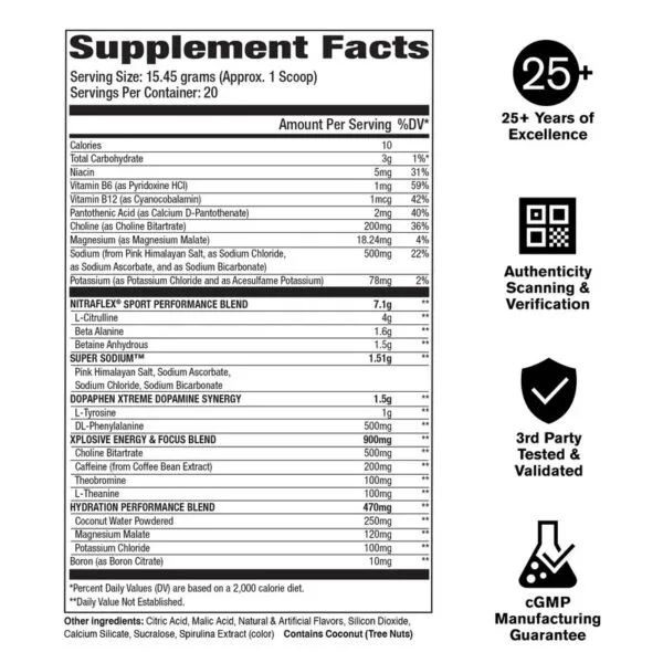 Supplement Facts label detailing nutritional data, proprietary performance blends, and quality assurance certifications