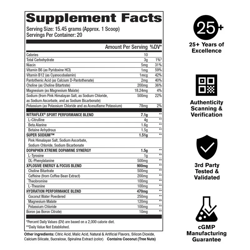 Supplement Facts label detailing nutritional data, proprietary performance blends, and quality assurance certifications