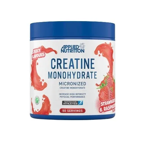 The image displays a white and blue container of Applied Nutrition Creatine Monohydrate with a label indicating strawberry and raspberry flavor and fifty servings.