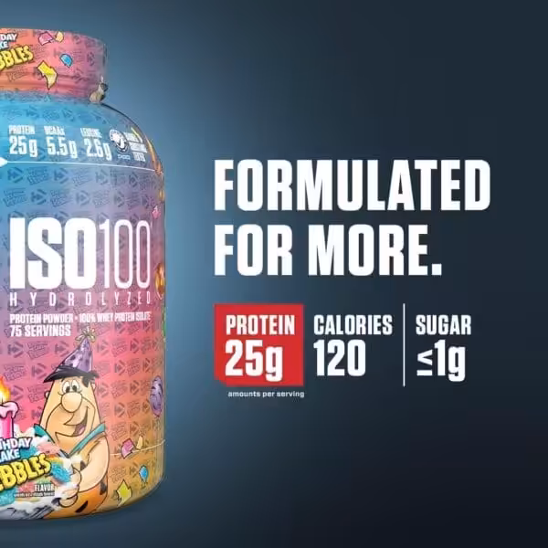 ISO100 Birthday Cake Pebbles protein powder. Formulated for more: 25g protein, 120 calories, and ≤1g sugar