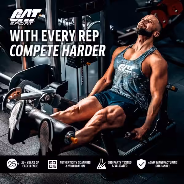 GAT Sport: With every rep compete harder. 25+ years of excellence, 3rd party tested, cGMP manufacturing guarantee
