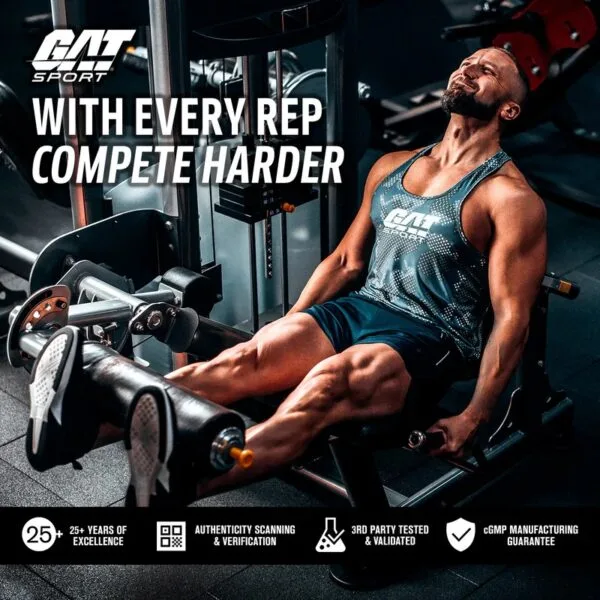 GAT Sport: With every rep compete harder. 25+ years of excellence, 3rd party tested, cGMP manufacturing guarantee