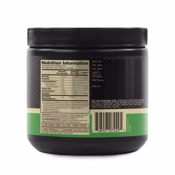 Nutrition label for creatine supplement: 65 servings, 3g creatine monohydrate per scoop, 0 calories, and ingredients