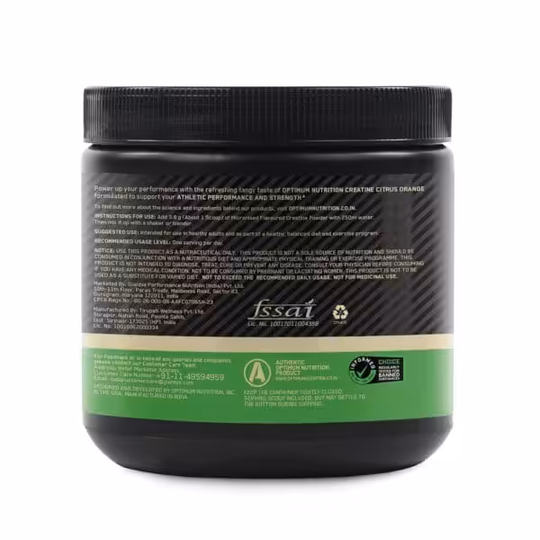 Back label of Optimum Nutrition Creatine Citrus Orange with usage instructions, warnings, and manufacturer details