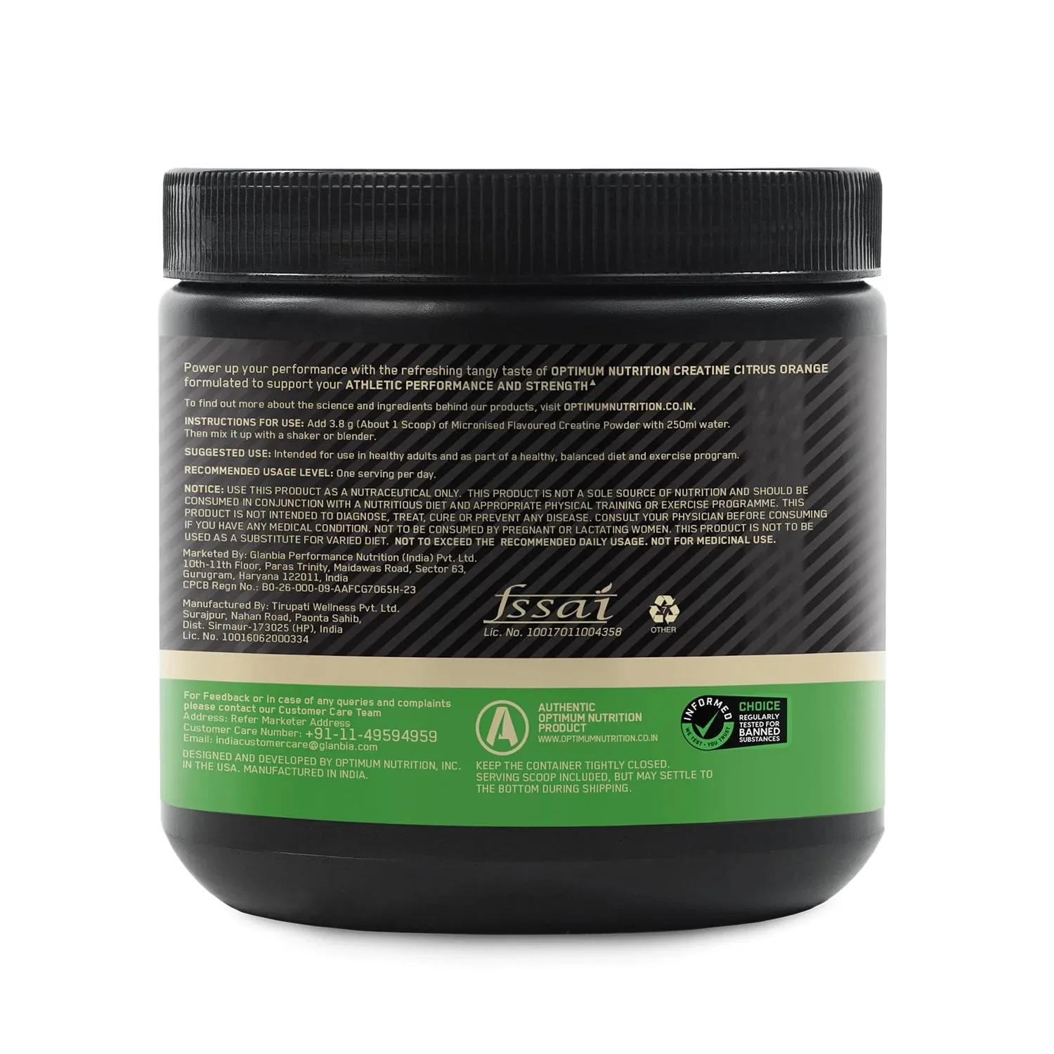 Back label of Optimum Nutrition Creatine Citrus Orange with usage instructions, warnings, and manufacturer details