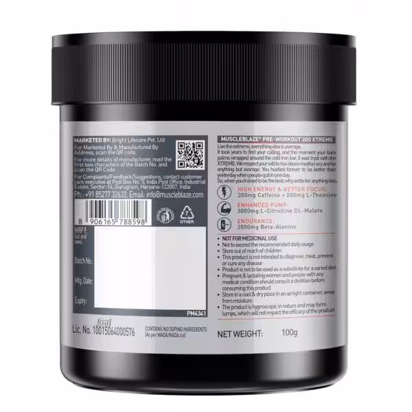 MuscleBlaze PRE Workout 200 Xtreme, 100 g – 15 Servings - product image