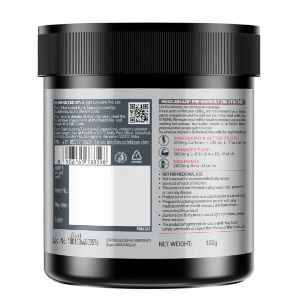 MuscleBlaze PRE Workout 200 Xtreme, 100 g – 15 Servings - product image