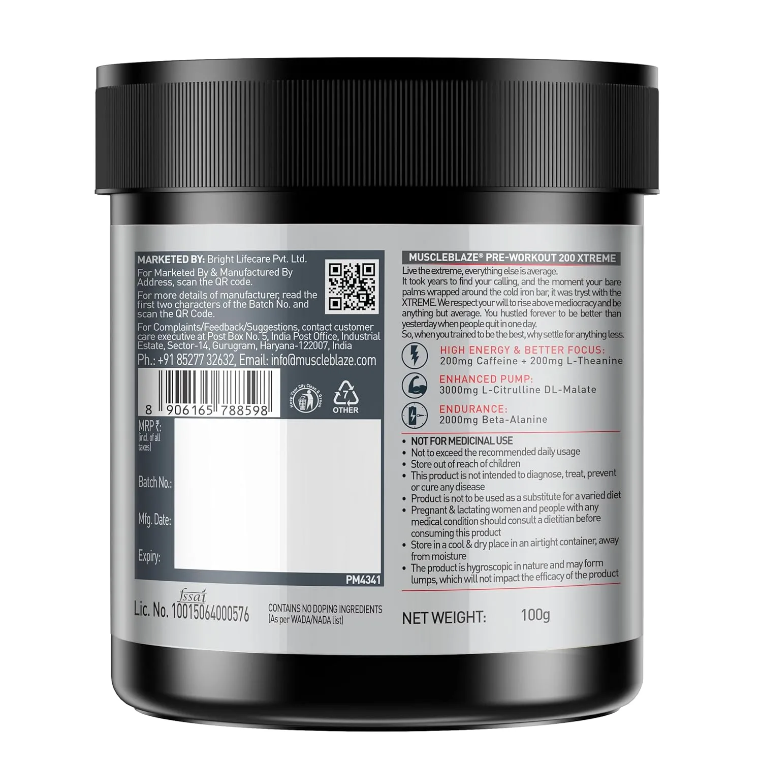 MuscleBlaze PRE Workout 200 Xtreme, 100 g – 15 Servings - product image