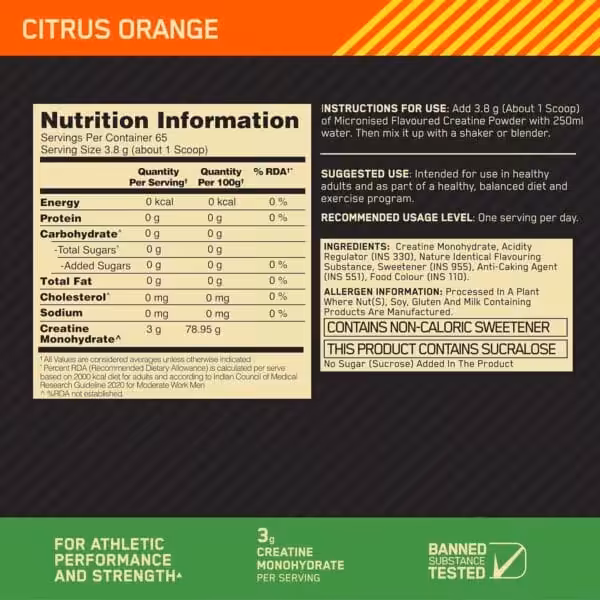 Nutrition label for Citrus Orange creatine powder: 3g creatine per serving, 65 servings. Includes ingredients and usage