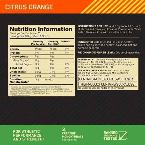 Nutrition label for Citrus Orange creatine powder: 3g creatine per serving, 65 servings. Includes ingredients and usage