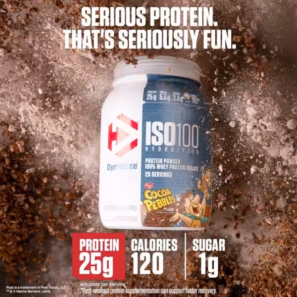 Dymatize ISO100 Cocoa Pebbles protein powder: 25g protein, 120 calories, 1g sugar. Serious protein. That's seriously fun
