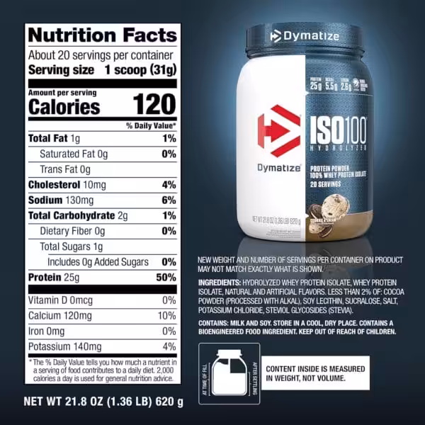 Dymatize ISO100 Cookies & Cream nutrition: 120 calories, 25g protein, 2g carbs, 1g fat per scoop. Ingredients also listed