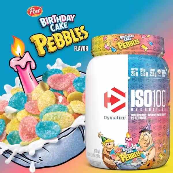 Dymatize ISO100 Hydrolyzed Protein Powder, Birthday Cake Pebbles flavor, 25g protein, 5.5g BCAAs, 20 servings