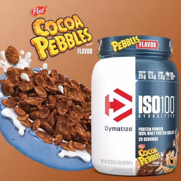 Dymatize ISO100 Hydrolyzed Whey Protein Isolate, Cocoa Pebbles flavor, with 25g protein and 20 servings
