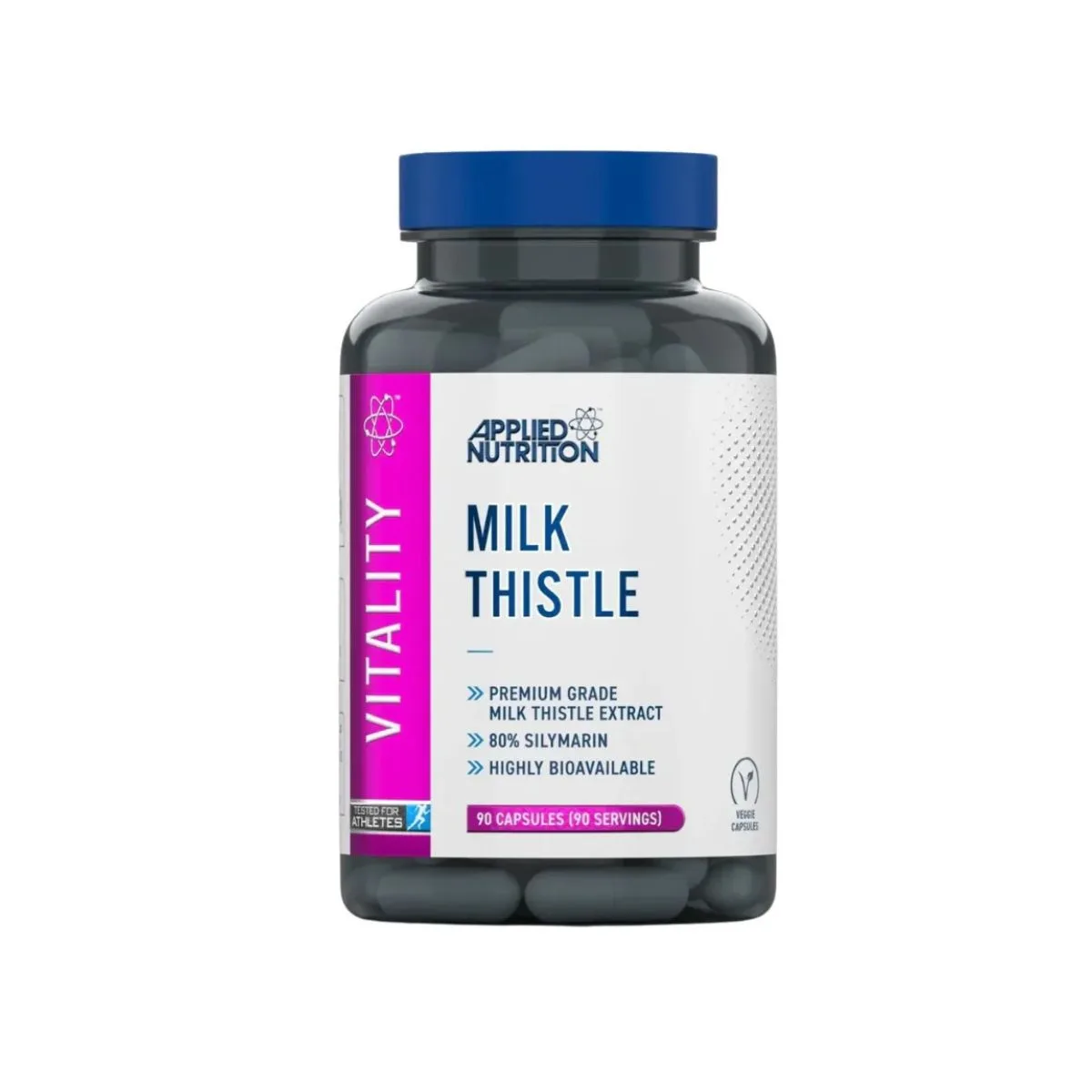 A dark grey supplement bottle with a blue lid, featuring a white and pink label advertising Applied Nutrition Milk Thistle and specifying 90 veggie capsules, is centered against a plain white background.
