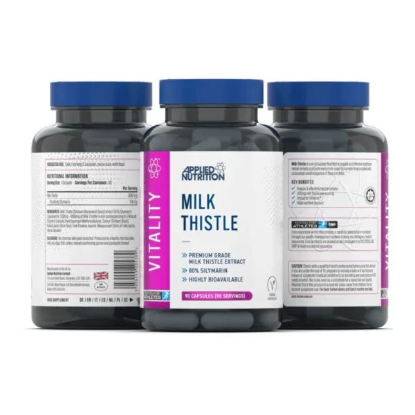 Three dark bottles of Applied Nutrition Milk Thistle supplement capsules with blue caps are displayed in a row, featuring white labels detailing product information and benefits.