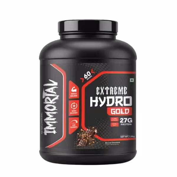 A black container of Immortal Extreme Hydro Gold protein powder, featuring almond chocolate flavor, 60 servings, 27 grams of protein, and a net weight of 1.8 kilograms, is shown.