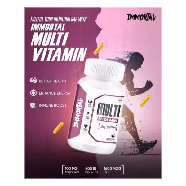 A promotional advertisement for Immortal Multi Vitamin features a white bottle of the product, several yellow capsules, a silhouette of a person running, and text highlighting its health benefits and ingredients.