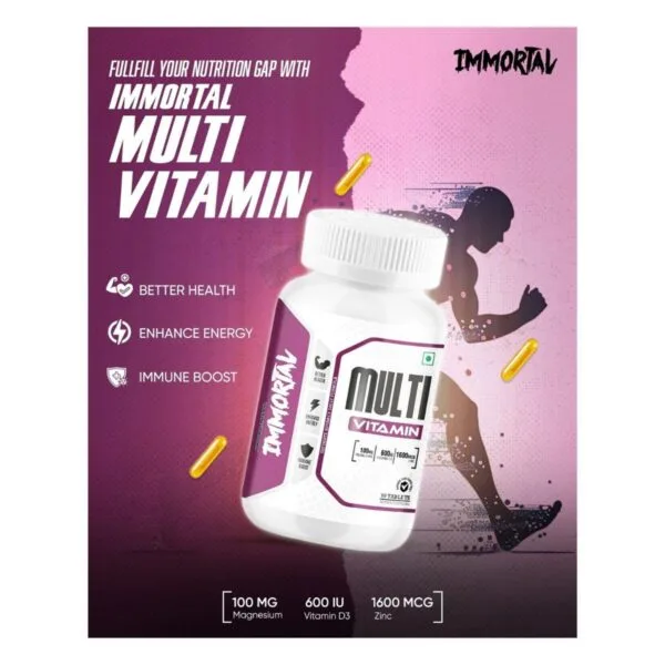 A promotional advertisement for Immortal Multi Vitamin features a white bottle of the product, several yellow capsules, a silhouette of a person running, and text highlighting its health benefits and ingredients.