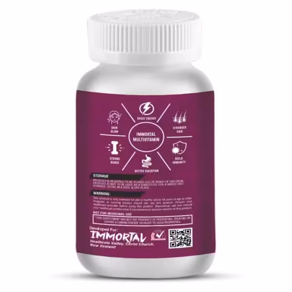 A white bottle displaying a purple label for Immortal Multivitamin details benefits like boosted energy, skin glow, and stronger hair, alongside storage instructions, a warning, and other usage information.