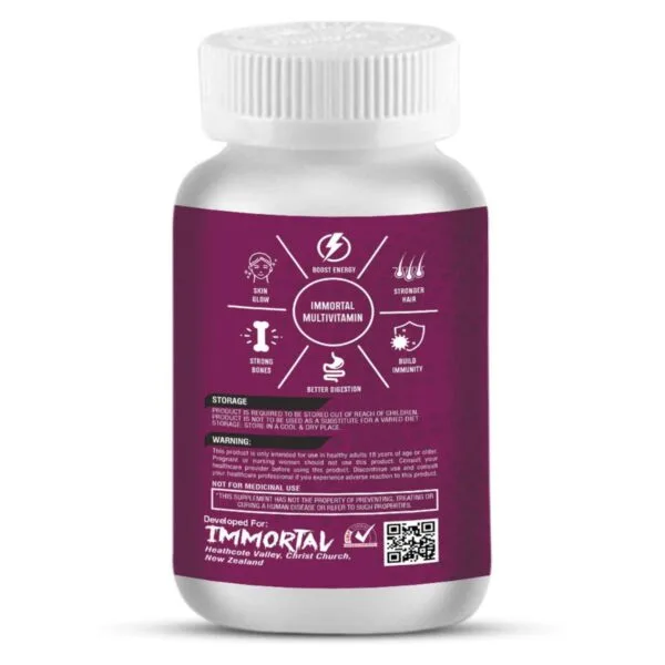 A white bottle displaying a purple label for Immortal Multivitamin details benefits like boosted energy, skin glow, and stronger hair, alongside storage instructions, a warning, and other usage information.