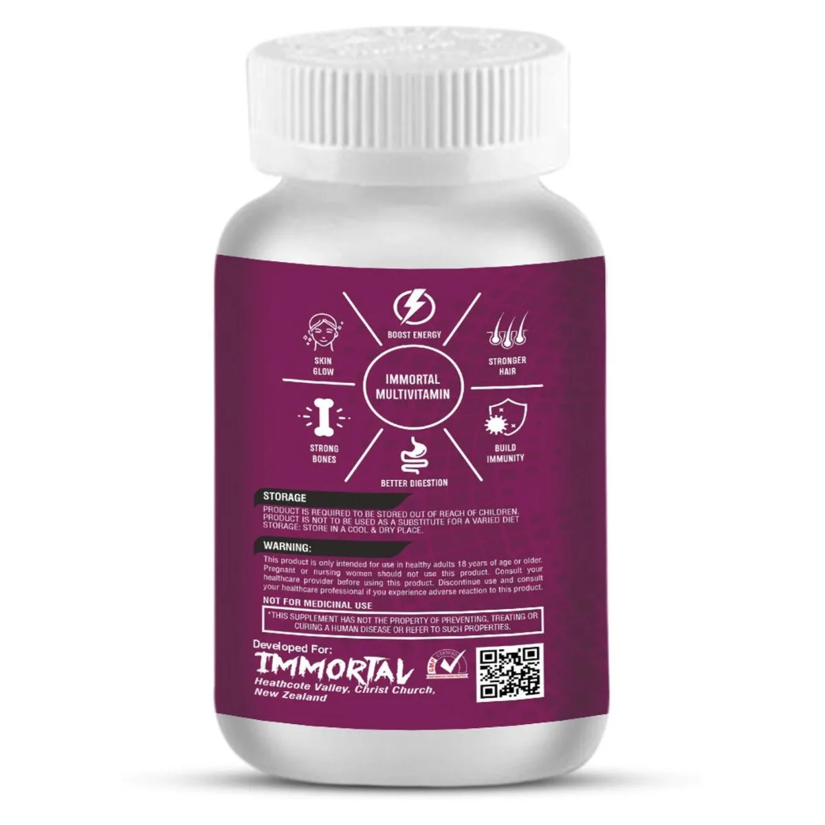 A white bottle displaying a purple label for Immortal Multivitamin details benefits like boosted energy, skin glow, and stronger hair, alongside storage instructions, a warning, and other usage information.