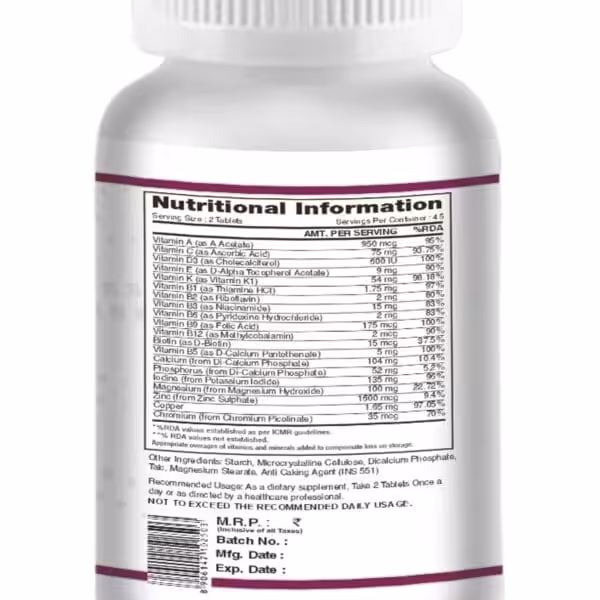 The image displays a white supplement bottle prominently featuring a nutritional information label that lists various vitamins and minerals along with usage instructions, pricing, and production details.