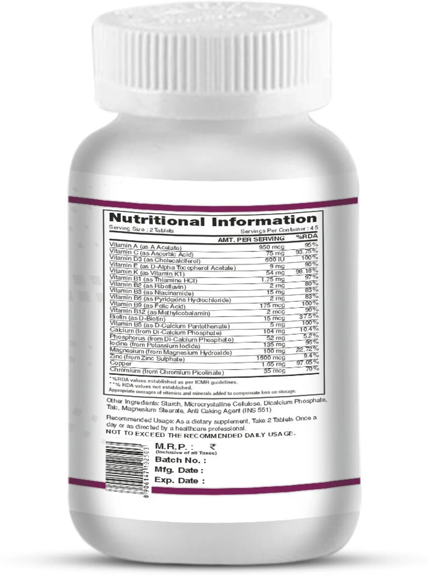 The image displays a white supplement bottle prominently featuring a nutritional information label that lists various vitamins and minerals along with usage instructions, pricing, and production details.