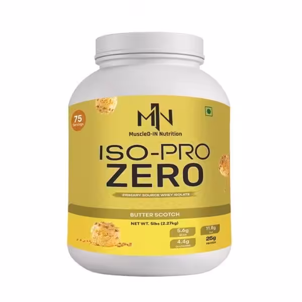 A white and yellow tub of MuscleD IN Nutrition ISO PRO ZERO butterscotch flavored protein powder, displaying 75 servings and nutritional details like protein content, is centrally featured.