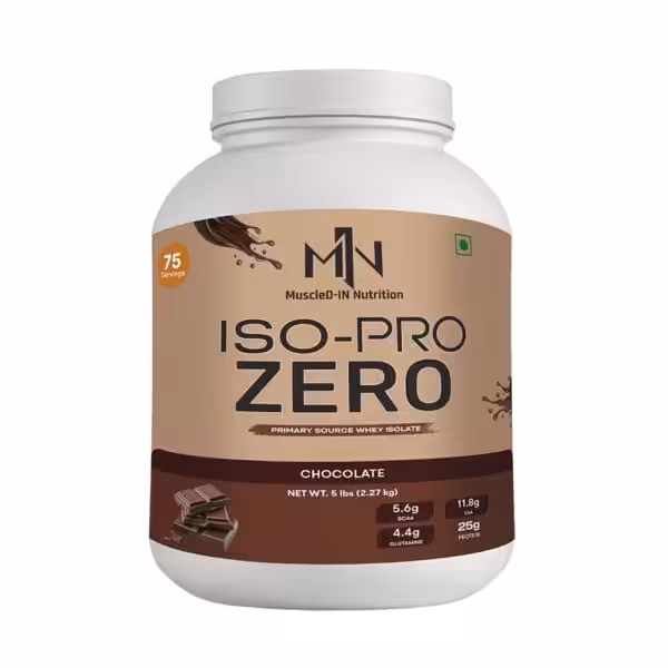 The image shows a white and brown container of MuscleD IN Nutrition ISO PRO ZERO chocolate protein powder, a primary source whey isolate, with 75 servings and a net weight of 5 pounds.