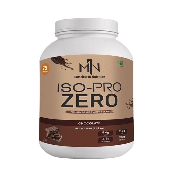 The image shows a white and brown container of MuscleD IN Nutrition ISO PRO ZERO chocolate protein powder, a primary source whey isolate, with 75 servings and a net weight of 5 pounds.