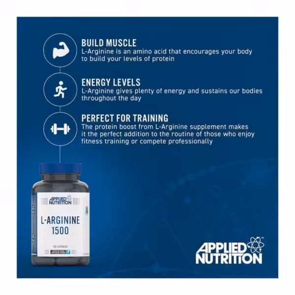 The image displays a bottle of Applied Nutrition L Arginine 1500 capsules alongside an informational graphic detailing its advantages for muscle growth, energy enhancement, and supporting fitness routines, all presented on a textured blue background featuring the brands logo.