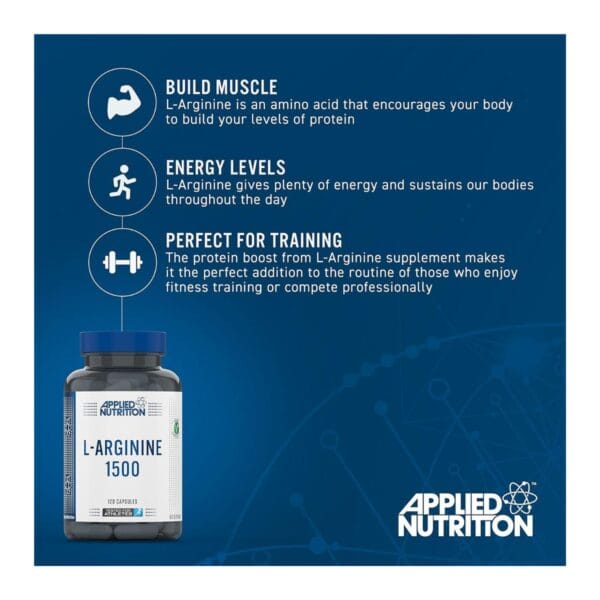 Applied Nutrition L-Arginine 1500 benefits: builds muscle, sustains energy levels, and supports fitness training
