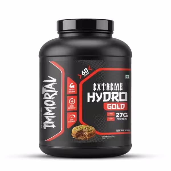 A black tub of IMMORTAL EXTREME HYDRO GOLD protein powder stands against a white background, highlighting its Kunafa Chocolate flavor with a dessert image, along with claims of 27 grams of protein and 60 servings.