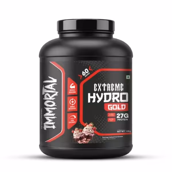 A black container of IMMORTAL EXTREME HYDRO GOLD protein powder, decorated with images of strawberry ice cream sundaes, advertises 60 servings, 27 grams of protein, muscle building, recovery, and low calories, with a net weight of 1.8 kilograms.