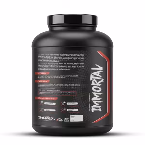 A black cylindrical container, labeled IMMORTAL on its side with product details, usage instructions, warnings, and highlights, stands prominently on a white background.