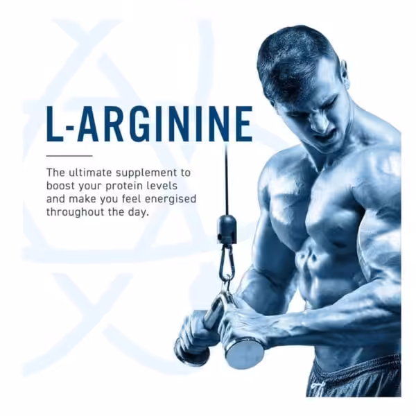 A fit man is shown intensely exercising with a cable machine, alongside text promoting L Arginine as a supplement to boost protein levels and provide energy.