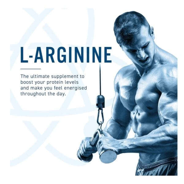 L-ARGININE: The ultimate supplement to boost your protein levels and make you feel energised throughout the day. Muscular man exercising